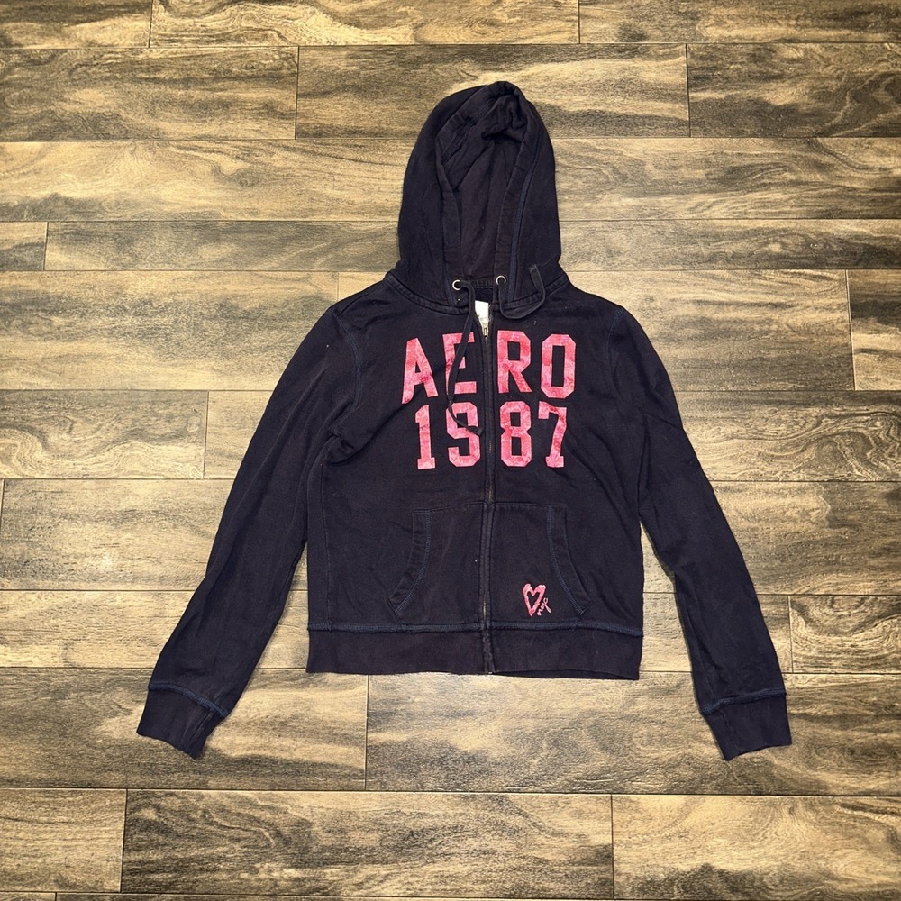 Y2K Aeropostale Full-Zip Fleece Hoodie Women's Large Aero 1987 Navy Blue